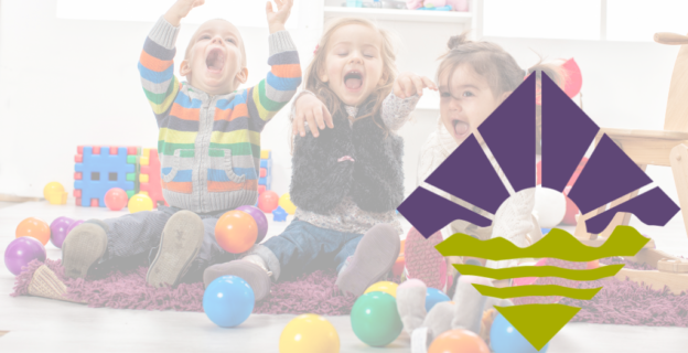 Three children sitting on a fuzzy rug playing with colorful plastic balls, with a large purple and green logo in the foreground.