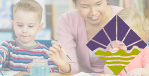 Teacher and two children painting at a table, with an overlaid logo on the image.