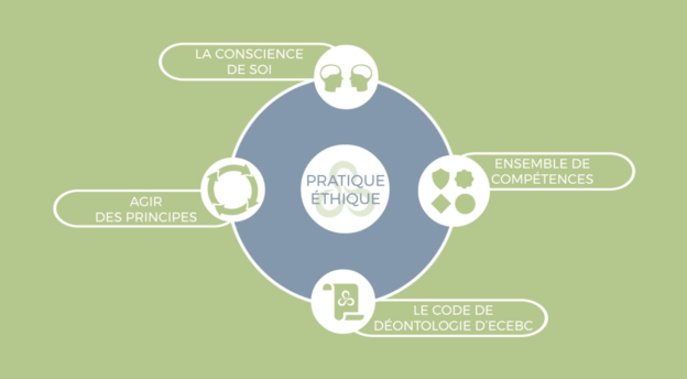 Diagram titled Pratique Éthique with sections for self-awareness, principles, skill set, and code of ethics, each with icons, on a green background.